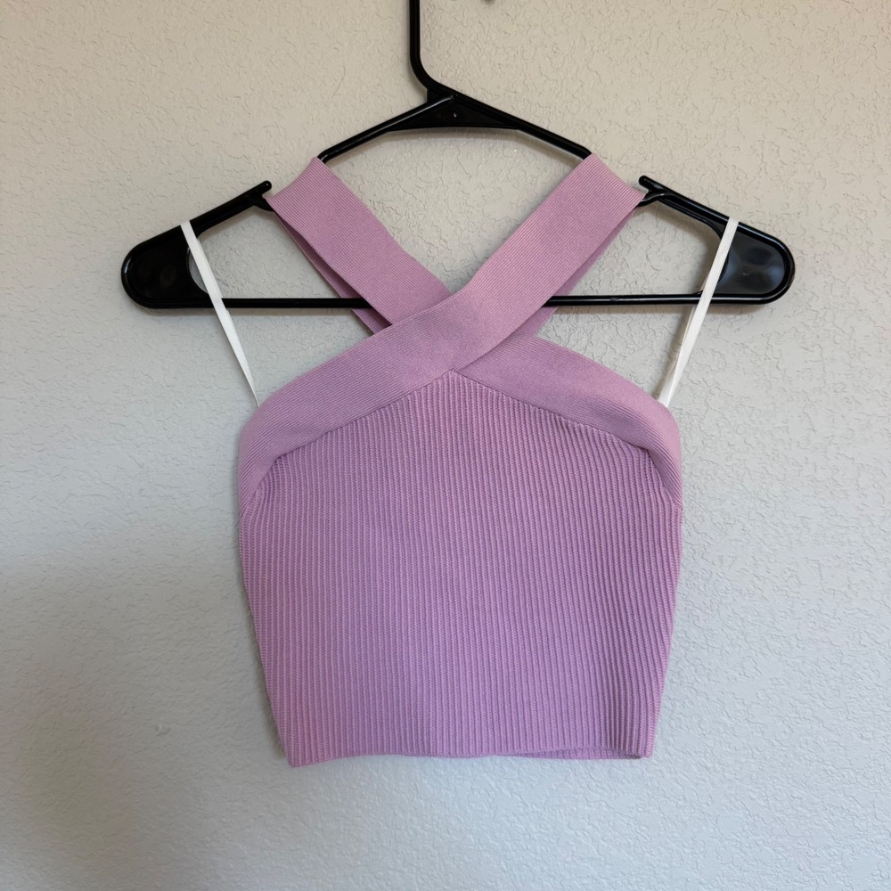 Babaton Sculpt Knit Criss Cross Tank Top Lavender Purple Ribbed Crop XS